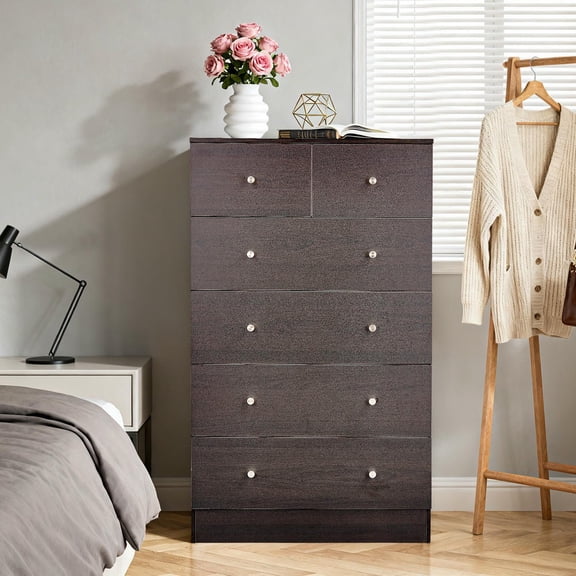 YYAo Chest of Drawers with Textured Melamine Finish and 6 Drawer, Storage Organizer Unit with Matte Gold Handles for Bedroom, Living Room, Home Office, Brown
