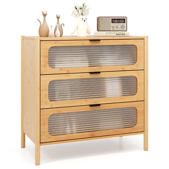 YYAo Chest of Drawers, Storage Organizer Unit,3 Drawer Mid Century Modern Chest of Drawers with Reeded Tempered Glass Front-Natural