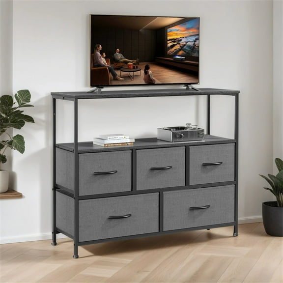 YYAo Chest of Drawers ，TV Stand for Bedroom with Drawers,Entertainment Center with Open Display Metal Shelf 5 Fabric Storage Dresser ，Gray