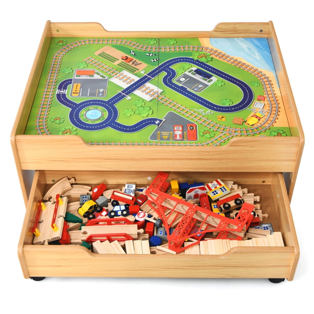 YYAo Children's Wooden Railway Set Table with 100 Pieces Storage Drawers YYAo Children's Wooden Railway Set Table with 100 Pieces Storage Drawers