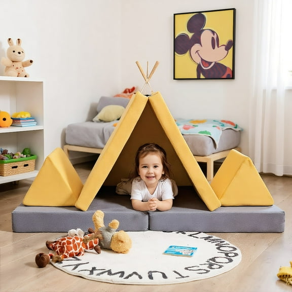 YYAo Childrens Sofa,Children Sofa Lazy Sofa,4 Pieces Convertible Kids Couch Set with 2 Folding Mats-Yellow