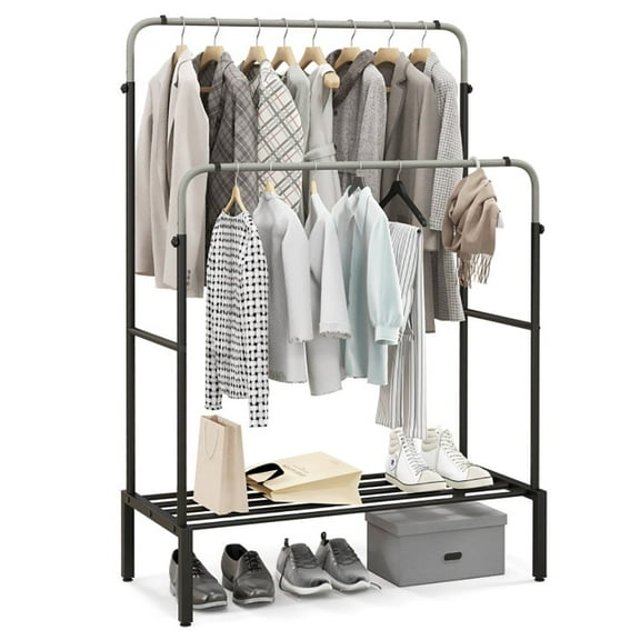 YYAo Coat Rack Stand,Hall Coat Tree,Coat Rack Storage Organizer,Double Rod Clothes Garment Rack with Adjustable Heights-Silver