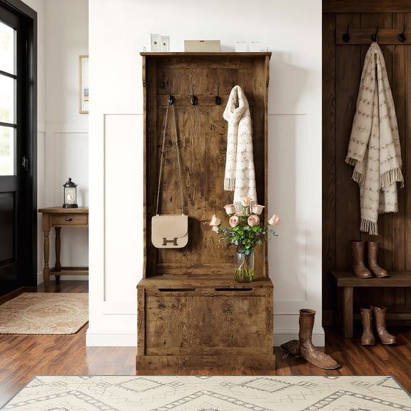 YYAo Coat Rack Stand,Hall Coat Tree,Coat Rack Storage Organizer,Hall Tree with Coat Rack, Storage, and Sitting Bench, Rustic Brown