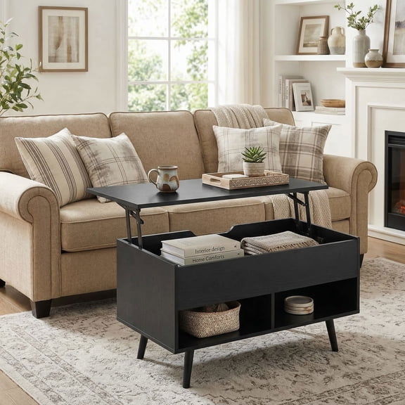 YYAo Coffee Table Butcher Block Top Large Accent Table,31.5 Inch Lift Top Coffee Table with Hidden Compartment and 2 Storage Shelves-Black