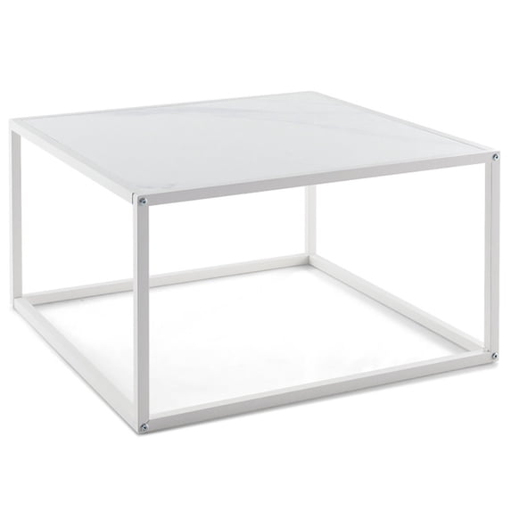 YYAo Coffee Table Butcher Block Top Large Accent Table,Modern Glass Square Coffee Table with Metal Frame for Living Room-White