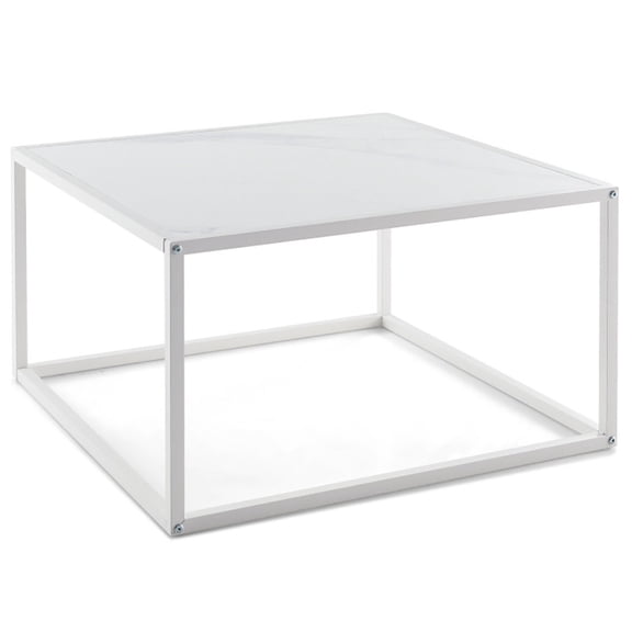 YYAo Coffee Table Butcher Block Top Large Accent Table,Modern Glass Square Coffee Table with Metal Frame for Living Room-White