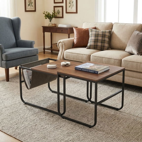 YYAo Coffee Table Butcher Block Top Large Accent Table,Set of 2 Nesting Coffee Tables with Side Pocket for Living Room Bedroom-Rustic Brown