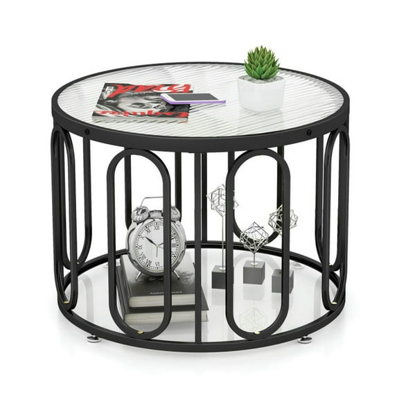 YYAo Coffee Table,Dining Table,Center Table,24 Inch Round Coffee Table with Reeded Tempered Glass Top and Oval Swivel Brackets-Black