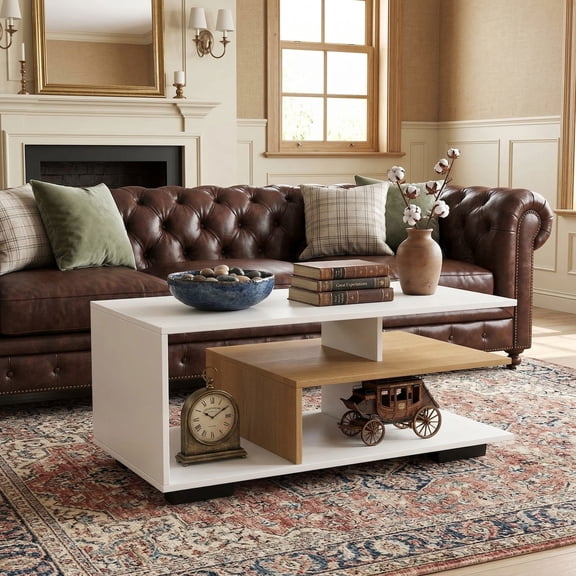 YYAo Coffee Table,Dining Table,Center Table,Rectangular Coffee Table with L-shaped Middle Shelf-White