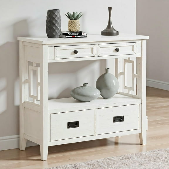 YYAo Console Table, Entryway Table, Console Sofa Table,36" Farmhouse Pine Wood Console Table with 4 Drawers & 1 Storage Shelf(Antique White)