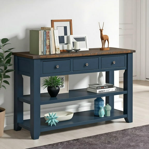 YYAo Console Table, Entryway Table, Console Sofa Table,48" Solid Pine Wood Top Console Table with 3 Storage Drawers and 2 Shelves (Blue)