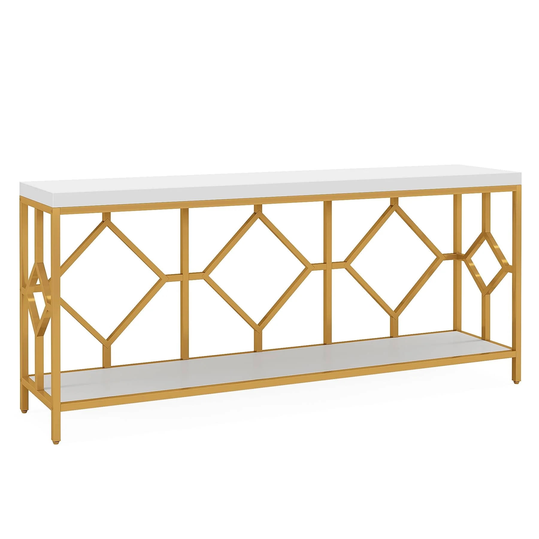 White and Gold 71" Wood and Metal Console Table with Storage