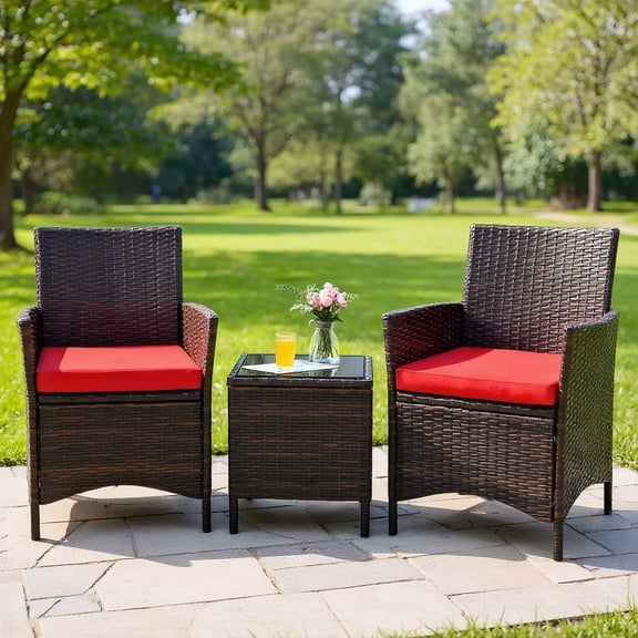 YYAo Conversation Loveseat Chairs Set, Garden Conversation Table Set, 3 Pieces Patio Rattan Furniture Set Cushioned Sofa and Glass Tabletop Deck-Red