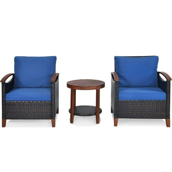 YYAo Conversation Loveseat Chairs Set, Garden Conversation Table Set, 3 Pieces Patio Rattan Furniture Set with Washable Cushion and Acacia Wood Tabletop-Blue
