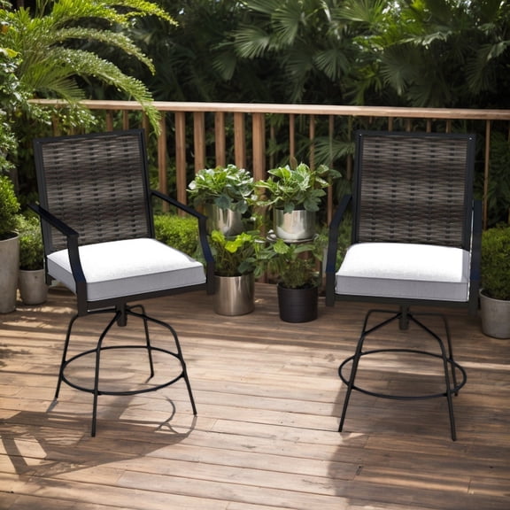 YYAo Counter Bar Stools, Counter Stool,Outdoor PE Wicker Swivel Bar Stools Set of 2 Counter Height Patio Chairs with Back-Grey