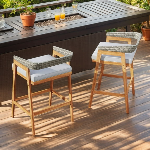 YYAo Counter Bar Stools, Counter Stool,Set of 2 Patio Acacia Wood Counter Height Bar Stools with Cushions and PE Wicker Backrests Footrests-Gray