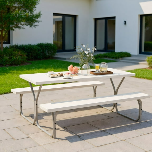 YYAo Dining Chair, Weatherproof Garden Bench, Loveseat, 6 FT Picnic Table Bench Set Dining Table and 2 Benches with Metal Frame and HDPE Tabletop-White
