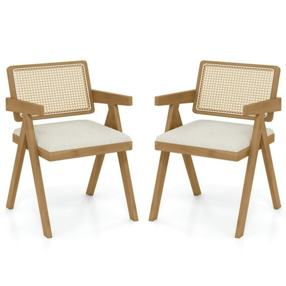 YYAo Dining Chairs, Kitchen Dining Room Chairs,Set of 2 Rattan Accent Chairs with Padded Cushion and Rubber Wood Frame-Beige