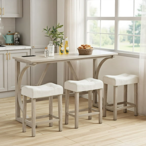 YYAo Dining Table Set, Dining Room Table Set, 4-Piece Bar Table Set with Power Outlet and Upholstered Saddle Seat Stools-Grey and Beige