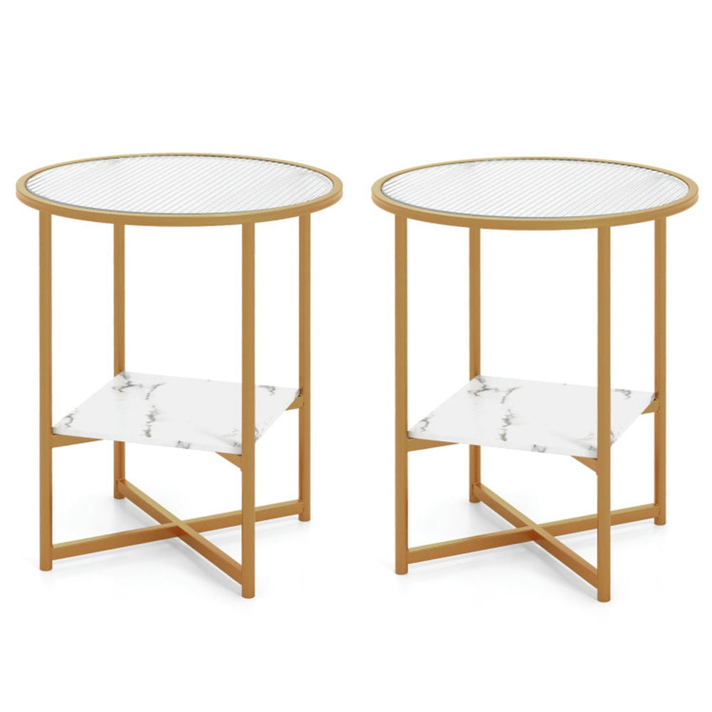 Round Gold Metal and Glass End Table Set with Faux Marble Shelf