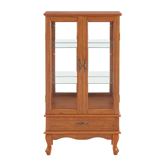 YYAo Display Cabinet, Display Case, Storage Cabinet,Lighted Glass Cabinet Glass Wine Cabinet Curio Display Cabinet with Doors and drawer,OAK