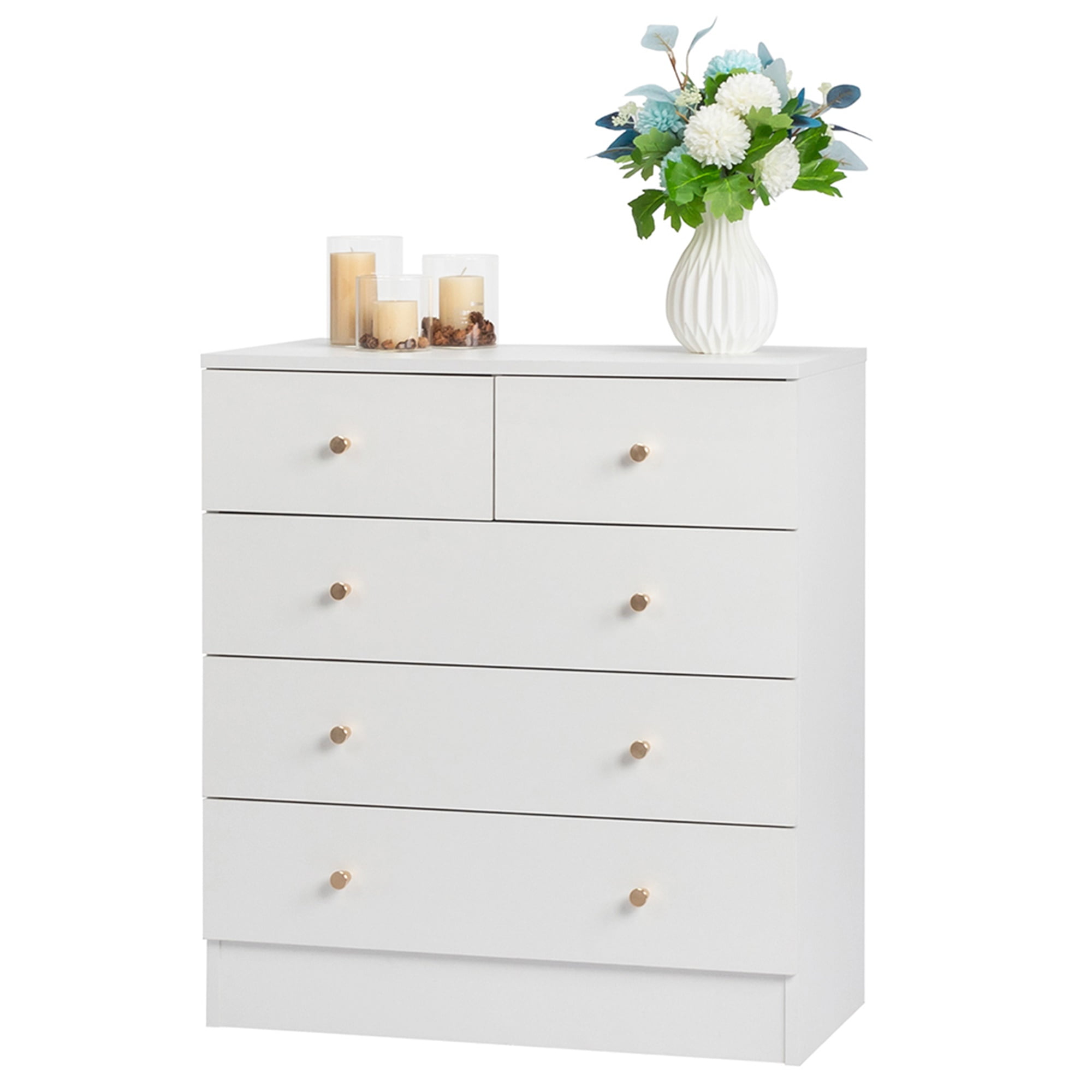 YYAo Drawer Dresser, Four Layers and Five Drawers Chest of Drawers Matte Gold Handles, Storage Cabinet, White YYAo Drawer Dresser, Four Layers and Five Drawers Chest of Drawers Matte Gold Handles, Storage Cabinet, White