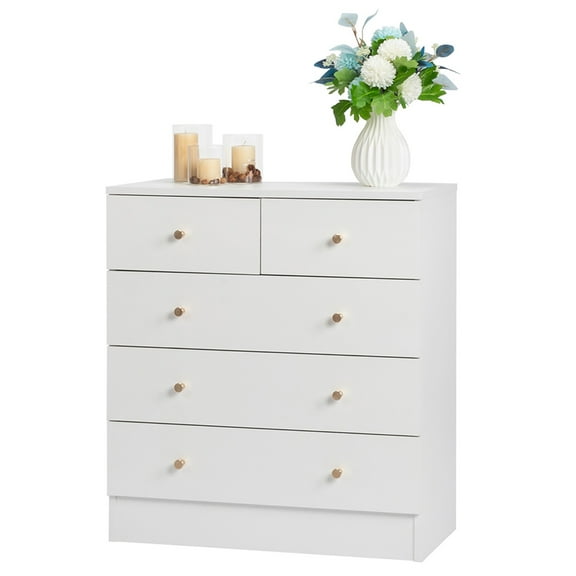 YYAo Drawer Dresser, Four Layers and Five Drawers Chest of Drawers Matte Gold Handles, Storage Cabinet, White
