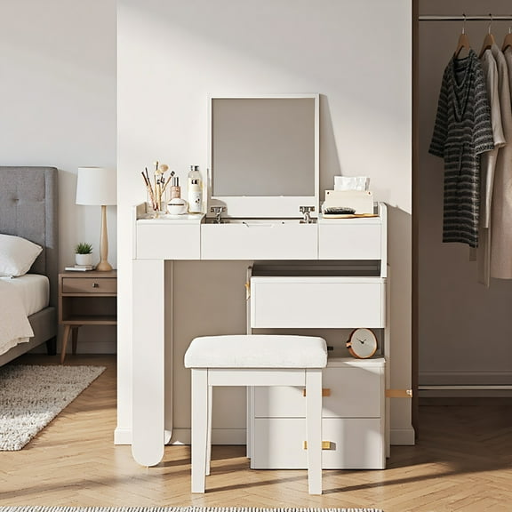 YYAo Dressing Table, Makeup Desk Dressing Table,3-in-1 Makeup Vanity Desk with Flip-Top Mirror, LED Lighting, Adjustable Length & Ample Drawers, White