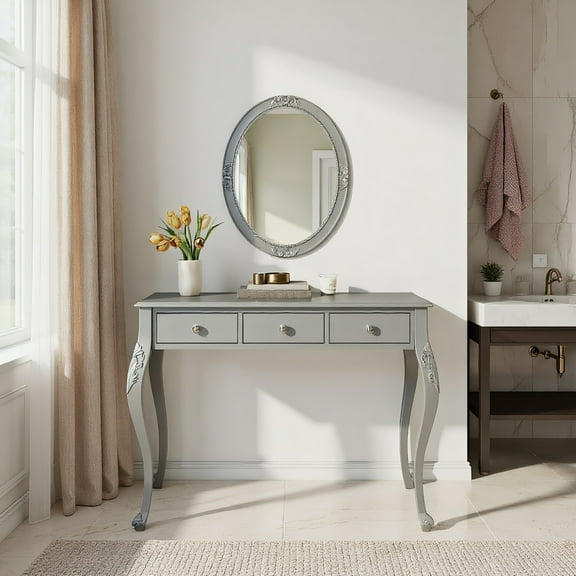 YYAo Dressing Table, Makeup Desk Dressing Table,Luxury Makeup Vanity Desk with Oval Mirror, 3-Drawer Dressing Table for Jewelry Storage, Silver