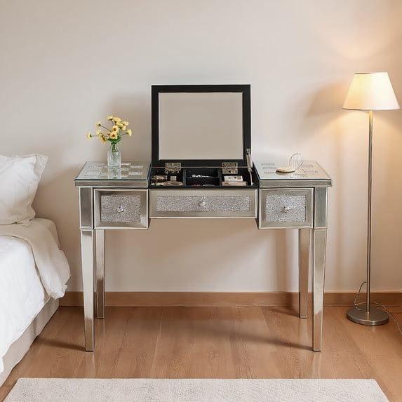 YYAo Dressing Table, Makeup Desk Dressing Table,Mirrored Makeup Vanity Desk with Crushed Diamond Inlay, Silver Dressing Table with Flip-Top Mirror,Silver