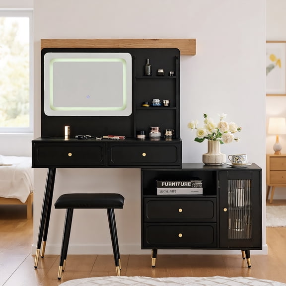 YYAo Dressing Table Set, Makeup Desk Dressing Table Set,Modern Makeup Vanity Desk with Mirror and Lights, Compact Makeup Table Set with Power Outlet for Bedroom, Black