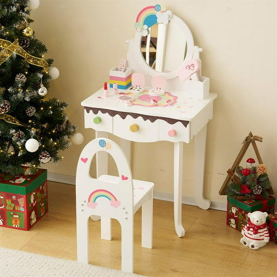 YYAo Dressing Table Set, Makeup Desk Dressing Table Set with Mirror & Stool, 3 Drawers & Tabletop Storage, Princess Table for Toddlers, White