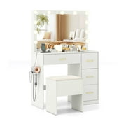 YYAo Dressing Table with Mirror and Lights, Makeup Desk Dressing Table with Power Outlets for Bedroom, Living Room, Guest Room, White