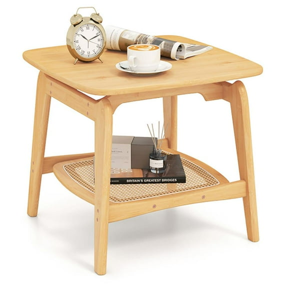 YYAo End Table, Side End Table,Boho Bamboo Sofa Side Table with Faux Rattan Storage Shelf-Natural