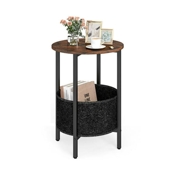 YYAo End Table, Side End Table,Round End Table 2-Tier Side Table with Removable Fabric Basket and Metal Frame-Rustic Brown