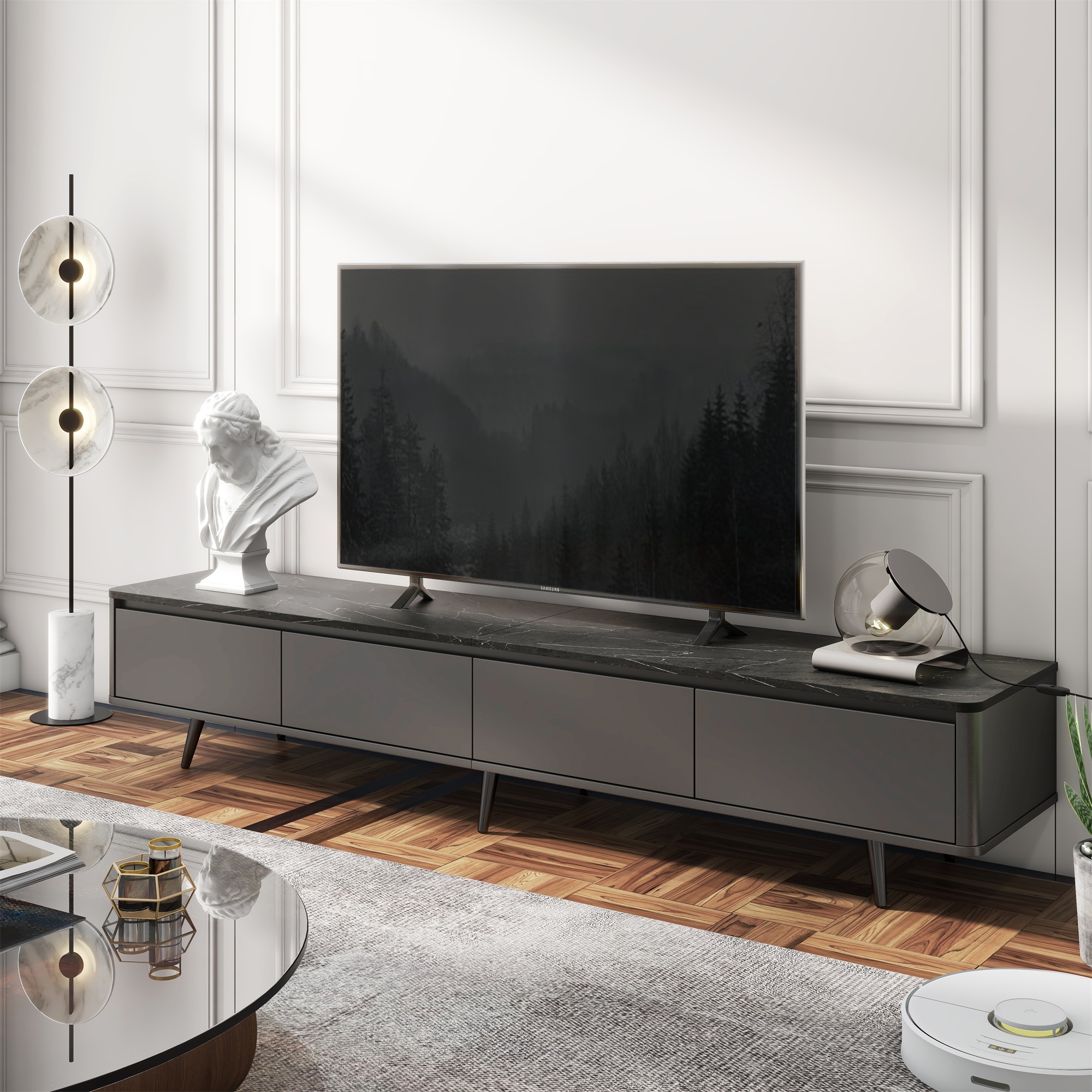 YYAo Entertainment Center TV Console, TV Stand with 4 Drawers Media Console for TVs Up to 70", Black Marble Texture