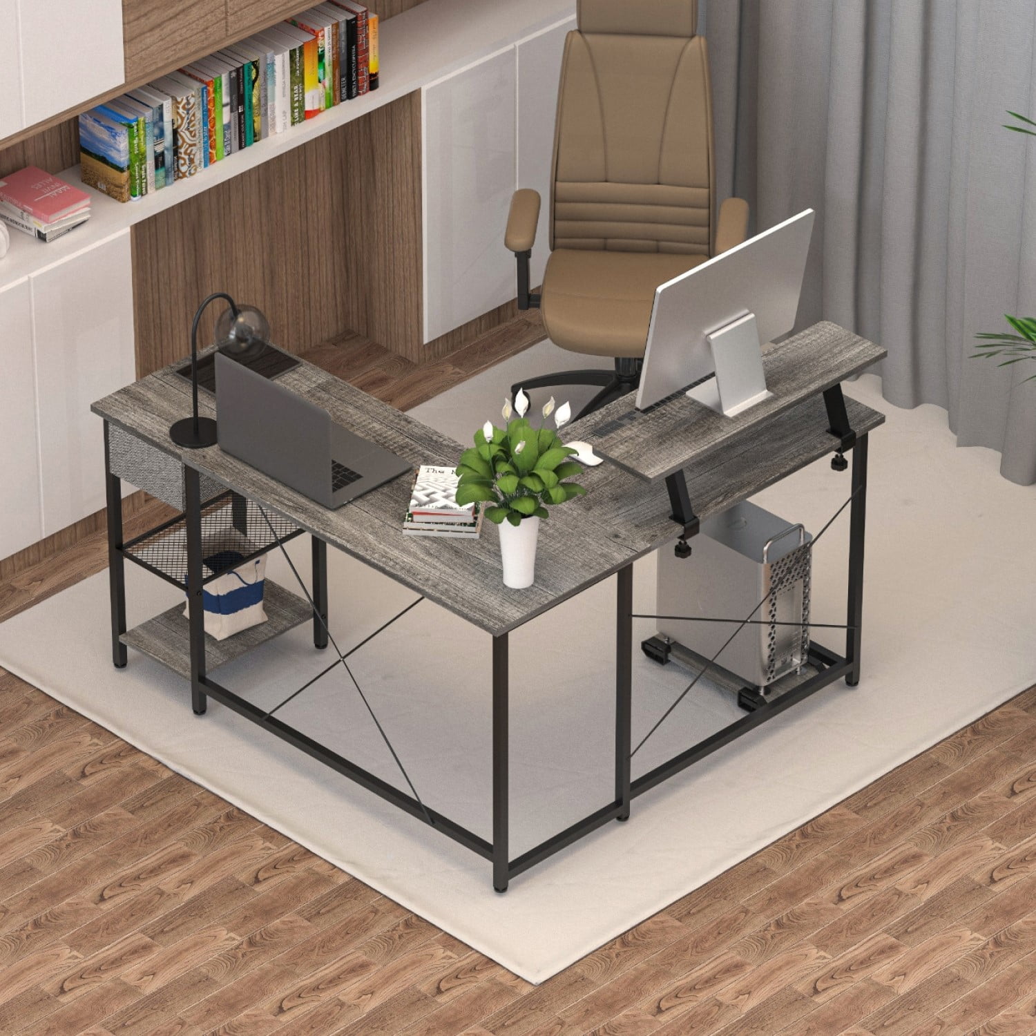 YYAo Executive Desk, Writing Desk, Secretary Desk, L-shaped multi-functional desk - Gray