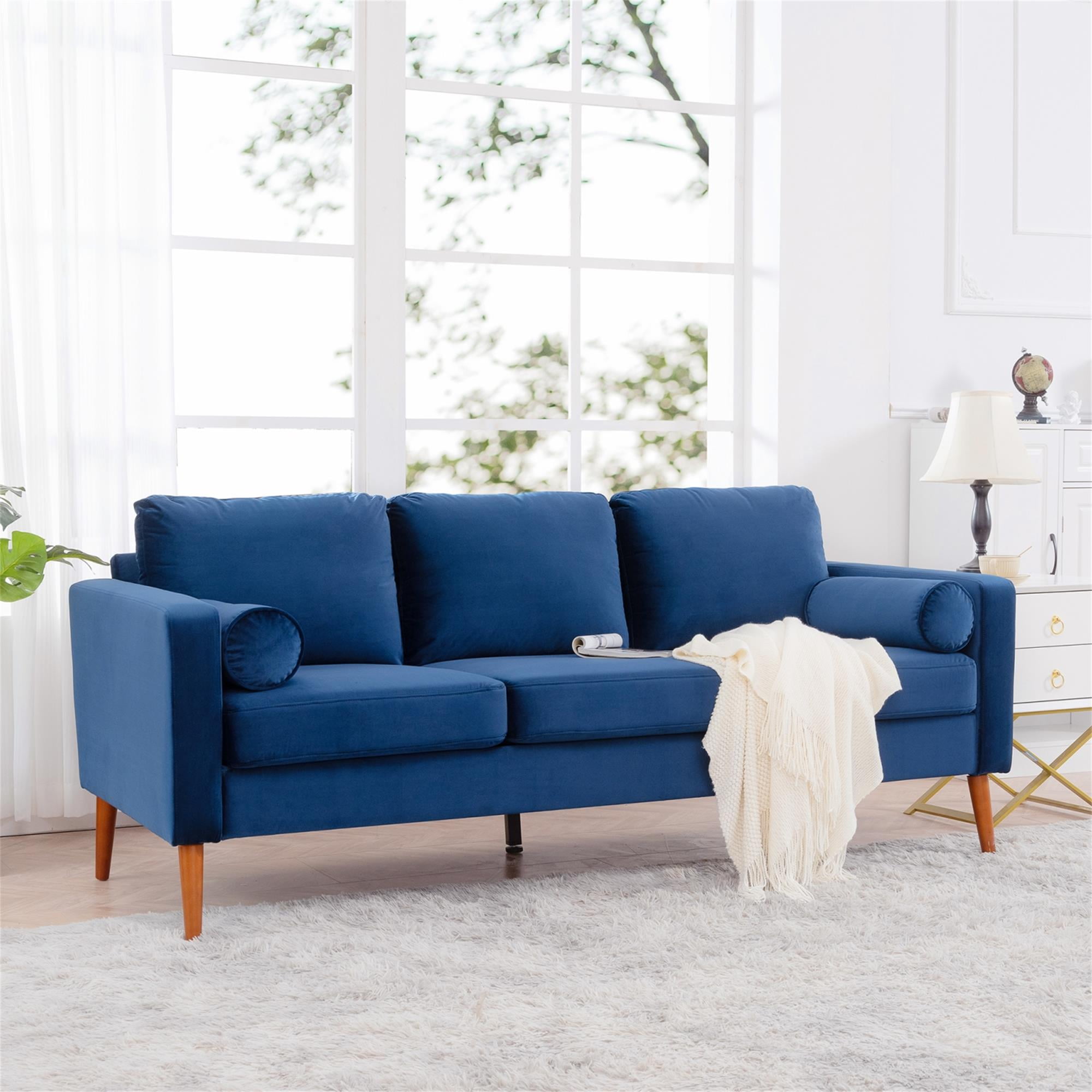 YYAo Extra Deep Filled Sofa, Vertical Velvet Upholstered Futon with Armrests and Legs for Living Room, Apartment, Blue YYAo Extra Deep Filled Sofa, Vertical Velvet Upholstered Futon with Armrests and Legs for Living Room, Apartment, Blue