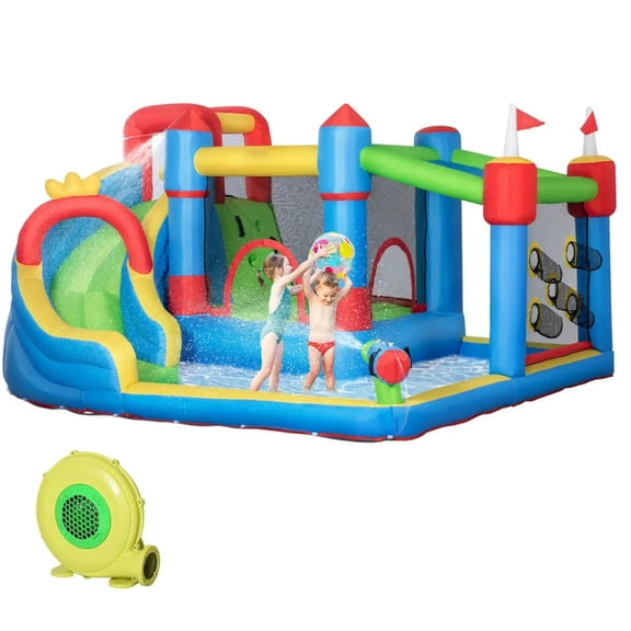 YYAo Family Backyard Bouncy Castle,6-in-1 Inflatable Bounce House with Slide, Climbing Wall, Water Cannon, Inflation with Inflator