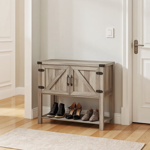 YYAo Farmhouse Double Door Coffee Bar Cabinet, Kitchen Cabinet with Bottom Shelf for Entryway, Living Room, Washed-out Gray