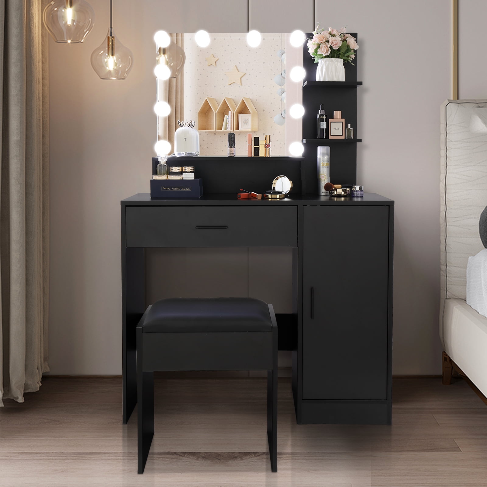 YYAo Farmhouse Vanity Desk Set, Makeup with Lighted Mirror and Stool, Dressing Table with Drawers and Storage Shelves for Bedroom, Black YYAo Farmhouse Vanity Desk Set, Makeup with Lighted Mirror and Stool, Dressing Table with Drawers and Storage Shelves for Bedroom, Black