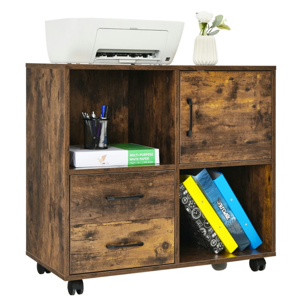 Brown Mobile File Cabinet with Shelves and Drawers