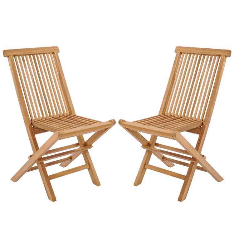 Teak High-Back Slatted Folding Outdoor Chairs, Set of 2