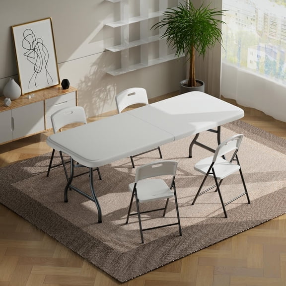 YYAo Folding Table, Portable Plastic Picnic Tables, Fold-in-Half Heavy Duty Utility Foldable Table with Handle, Dining Card Long Table, Indoor Outdoor Fold up for Camping, Picnics, Party, White