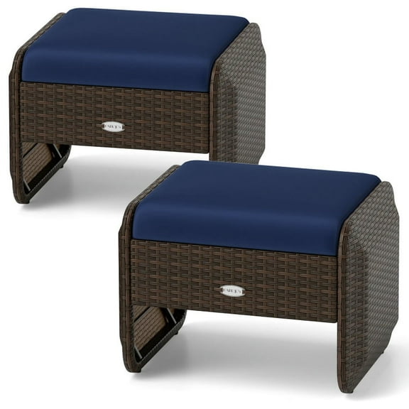 YYAo Footstool Ottoman Seat,2 Pieces Outdoor Patio PE Wicker Ottomans with Removable Cushions-Navy
