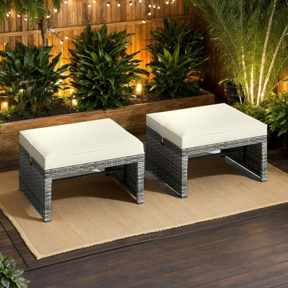 YYAo Footstool Ottoman Seat,2 Pieces Patio PE Rattan Ottomans with Soft Zippered Cushions for Deck-White