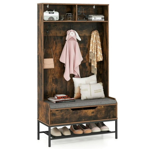 YYAo Freestanding Coat Rack, Coat Rack Stand, Coat Shelf, 69 Inches Tall Hall Tree 4-in-1 Coat Rack with Seat Cushion and Shoe Storage-Rustic Brown