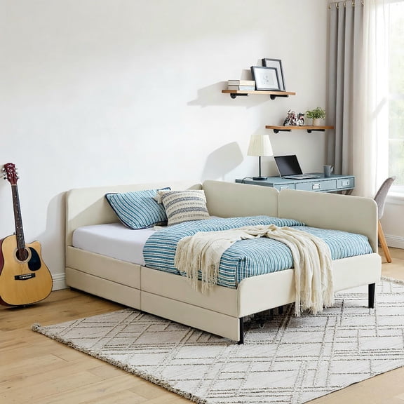 YYAo Futon Sofa Bed, Futon Couch, Full Size Upholstered Platform Bed Frame with 2 Storage Drawers, Beige