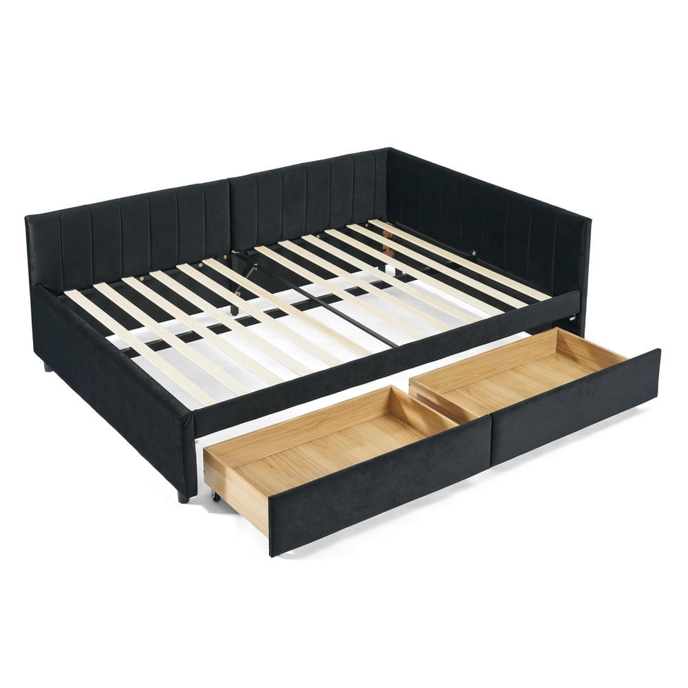 YYAo Futon Sofa Bed, Futon Couch, Full Size Upholstered Tufted Bed Frame with 2 Drawers, Black