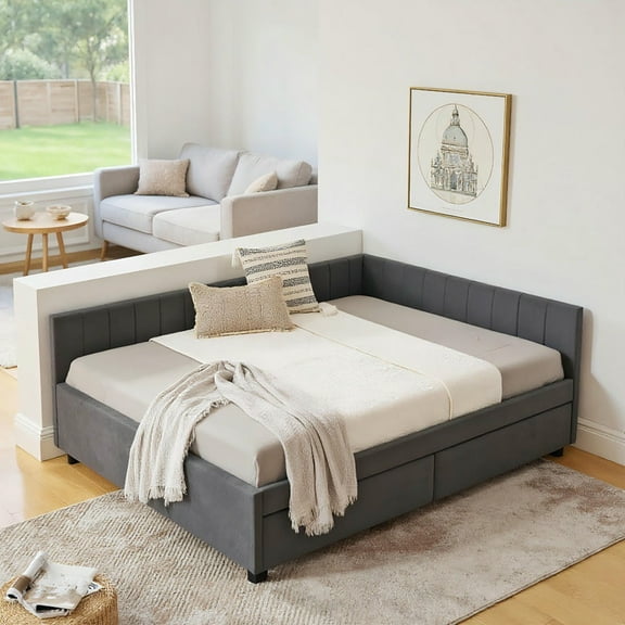 YYAo Futon Sofa Bed, Futon Couch, Full Size Upholstered Tufted Bed Frame with 2 Drawers, Grey